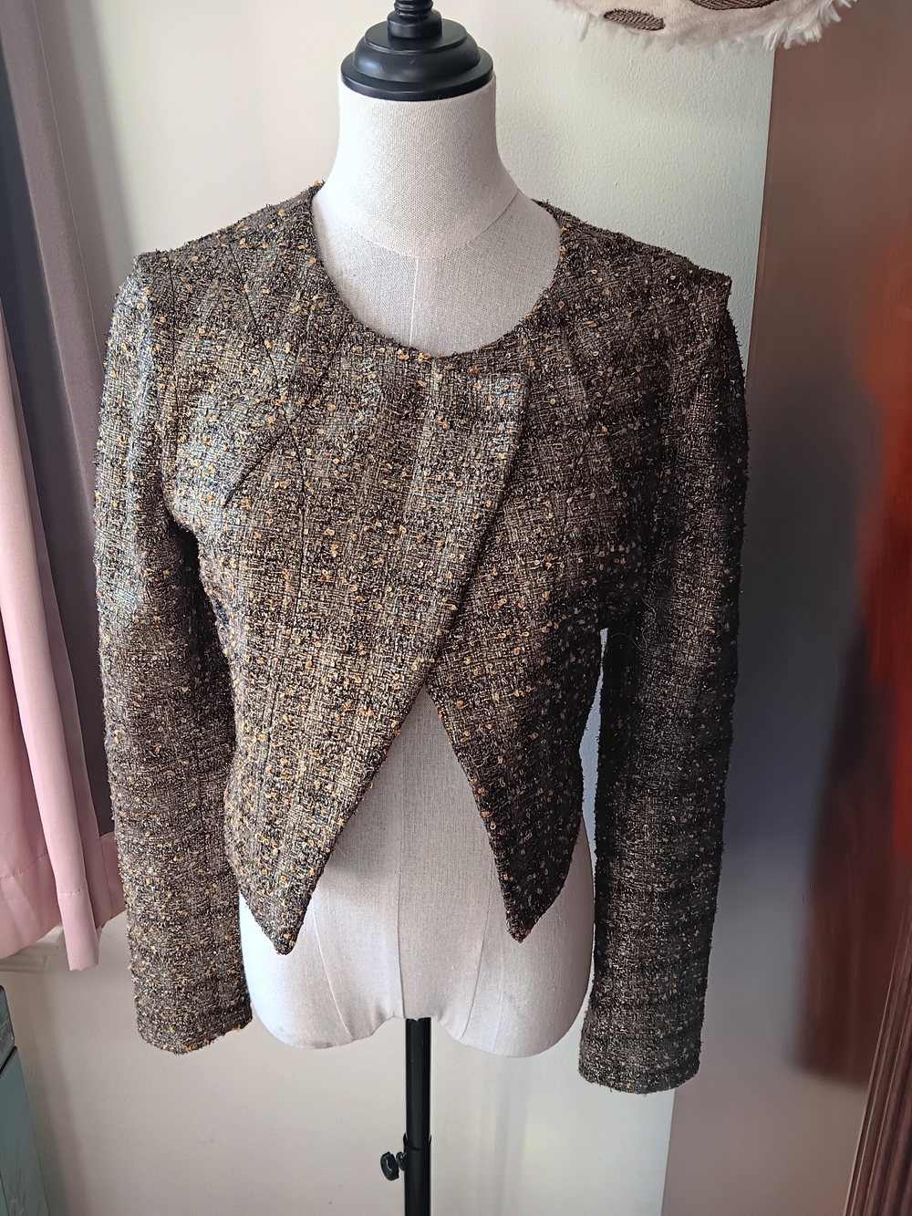 ASTR Cropped Tweed Blazer in Brown and Gold